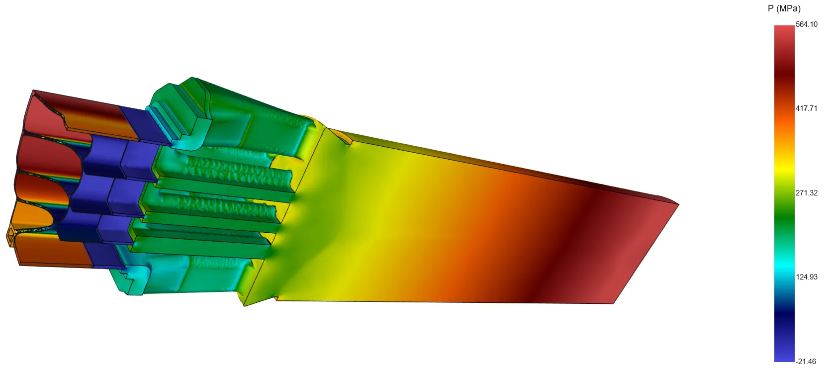 Flow simulation in ExtrusionFlow 3D Studio: section through the aluminium from billet to profile exit, coloured by pressure, colour scale up to 564 MPa