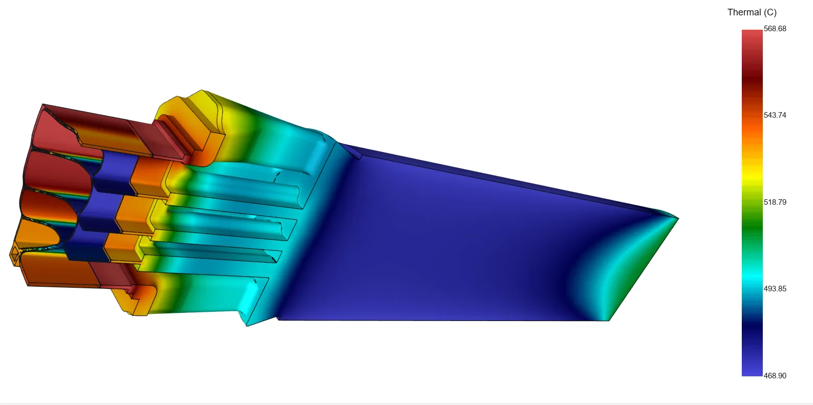 Flow simulation in ExtrusionFlow 3D Studio: section through the aluminium from billet to profile exit, coloured by temperature from 469 to 569 °C
