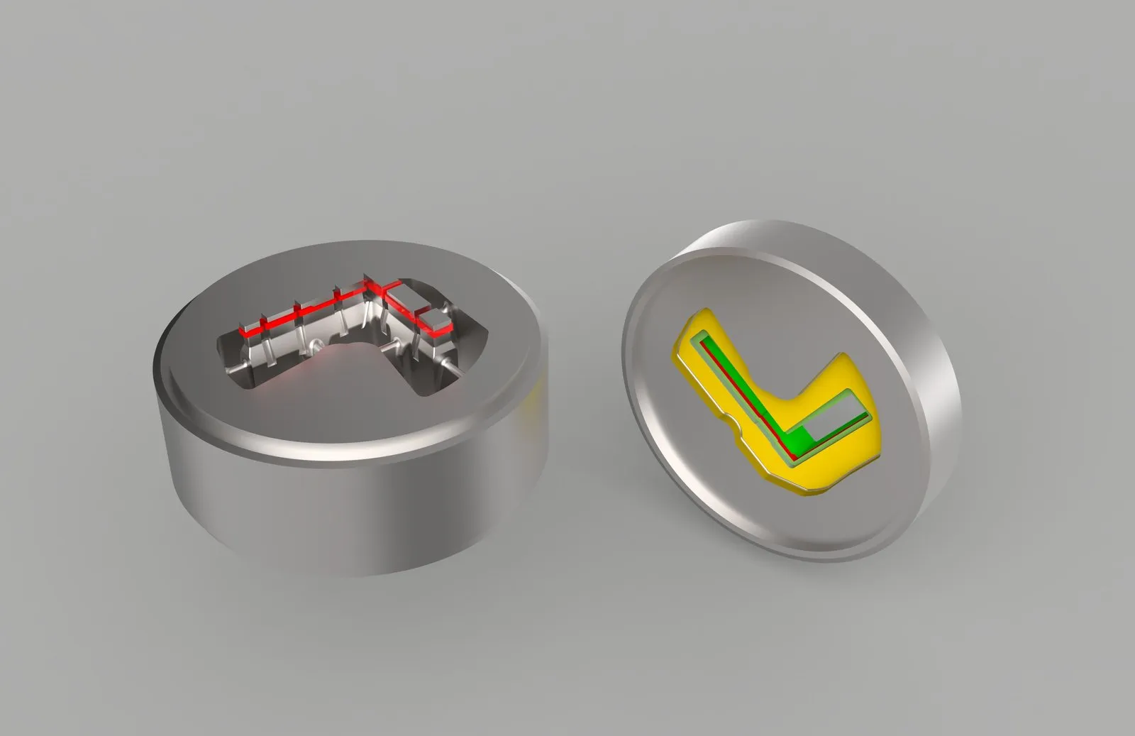 3D render of a porthole die for an L-shaped hollow profile: mandrel and die plate side by side