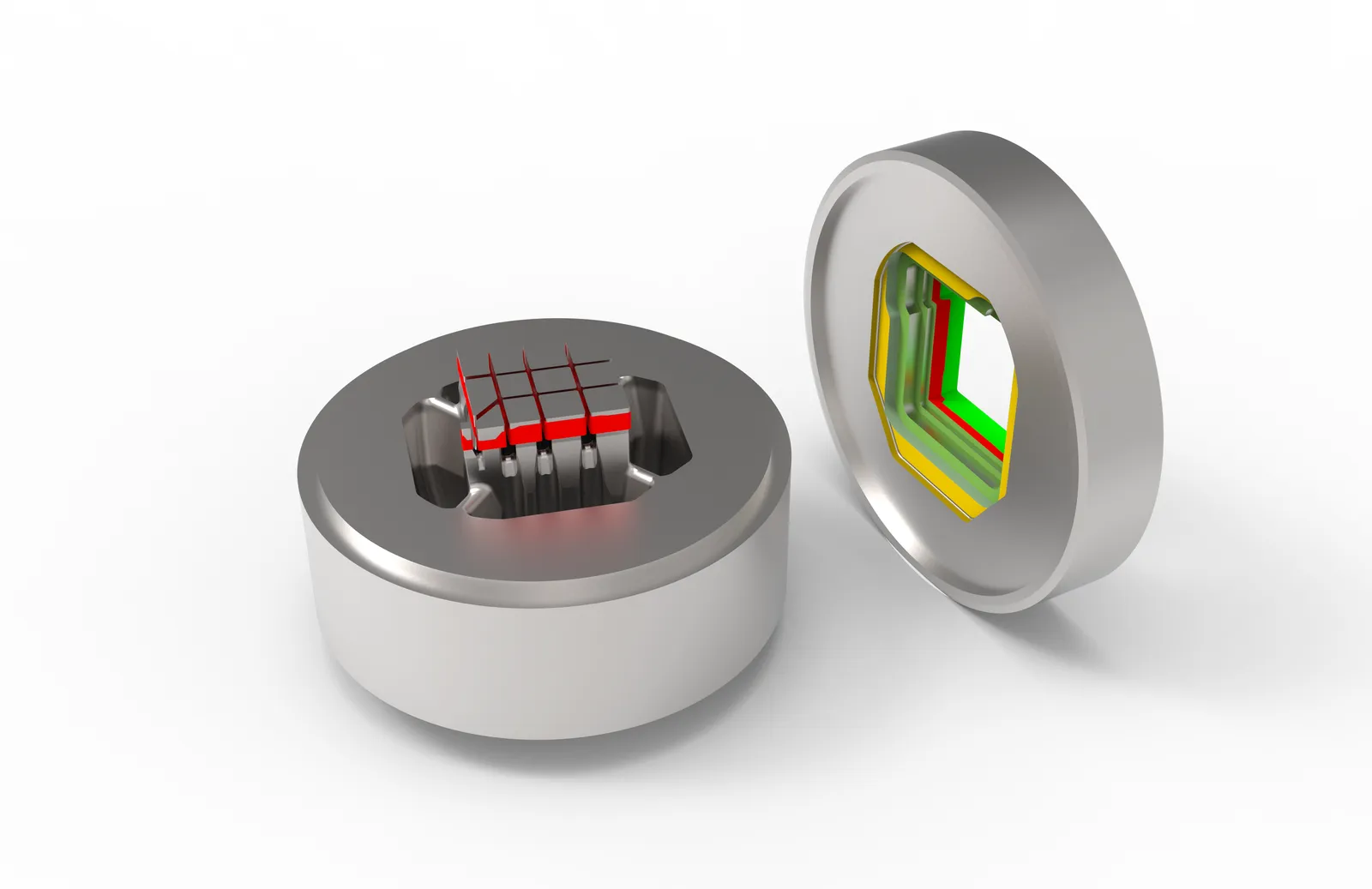 3D render of a porthole die: mandrel with four cores next to the die plate with the profile opening